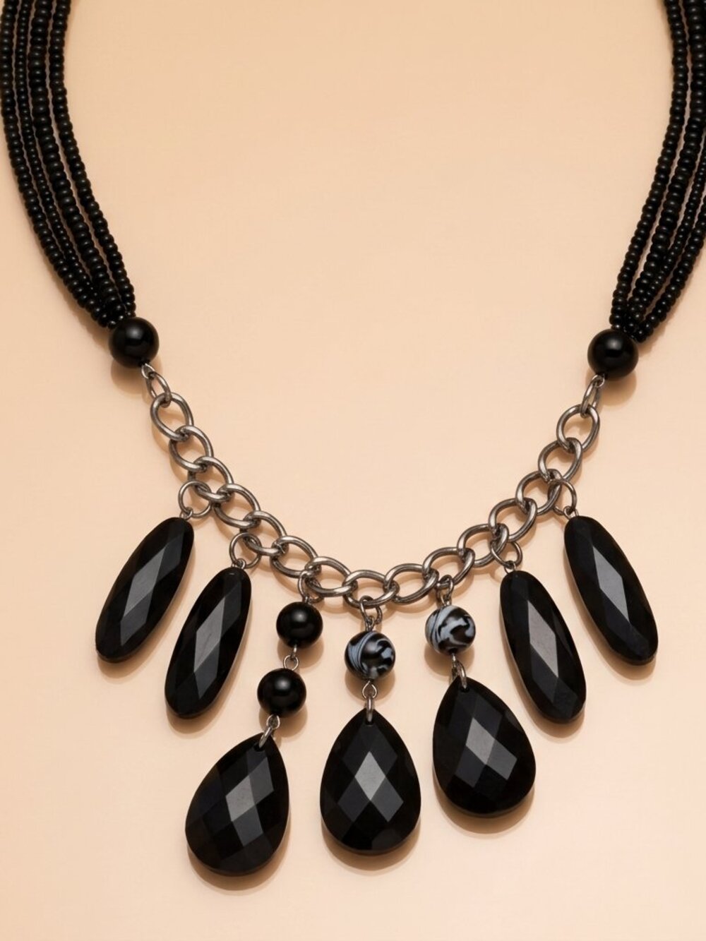 Black Faceted Teardrop Necklace